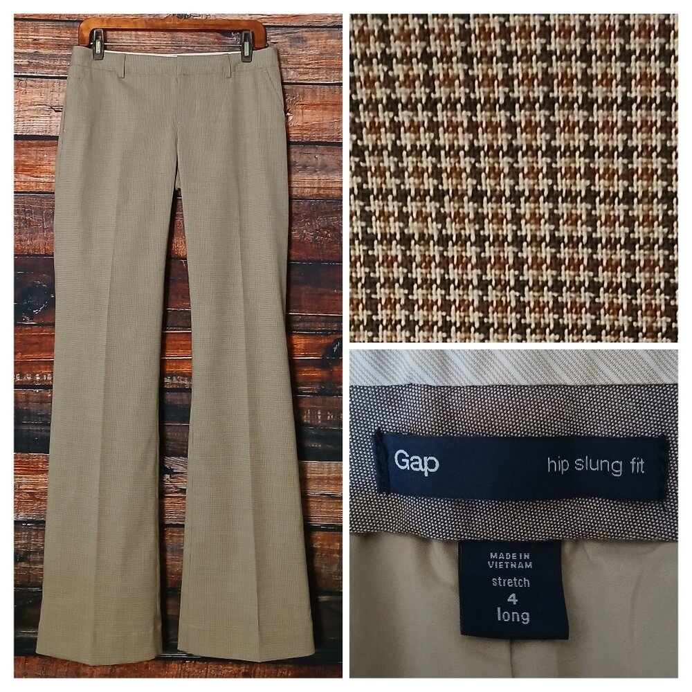 GAP Pants 4 Long Wool Blend Hip Slung Fit Tan Houndstooth Low Rise Flare 2009